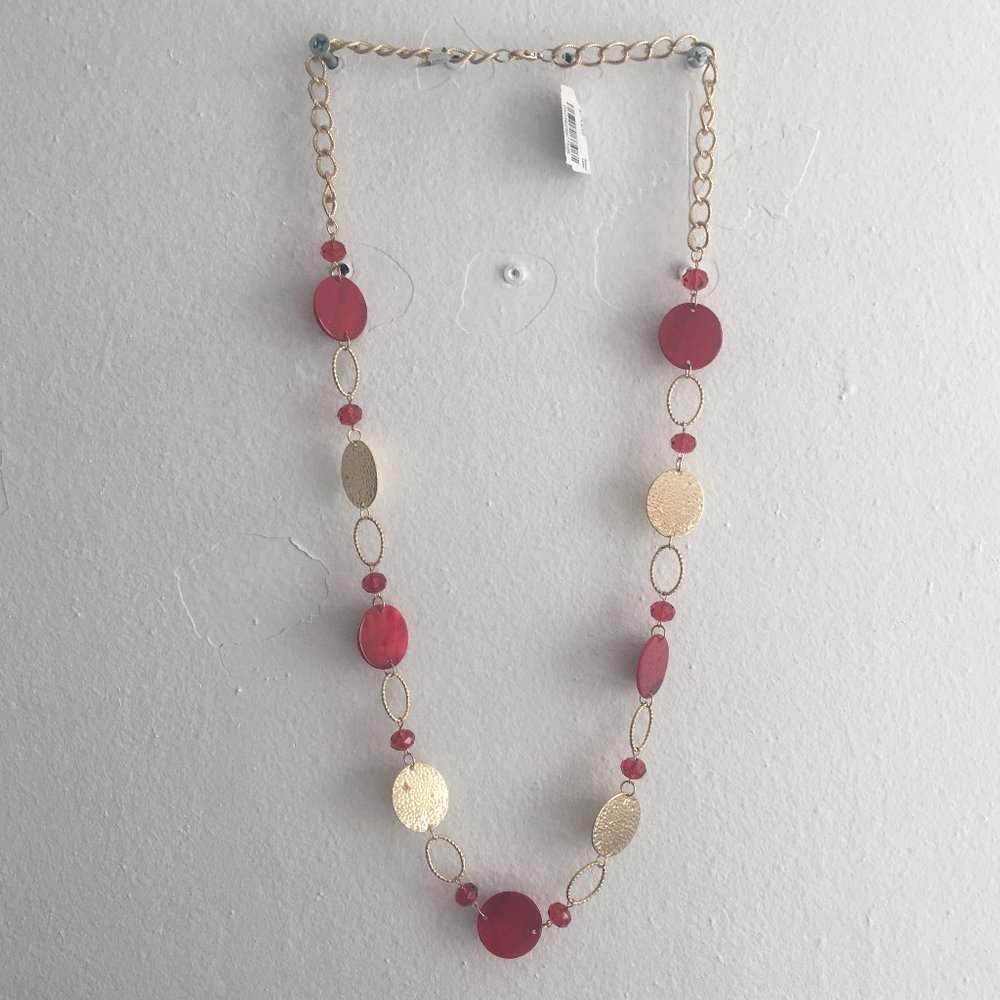 Red & Gold Shell/Disc Necklace - Picture 2 of 8
